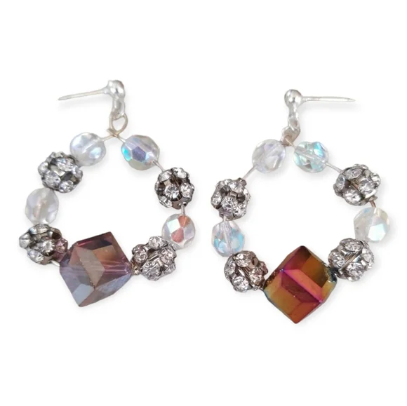 NWT Handcrafted AB Crystal and Rhinestone Hoop Style Pierced Earrings - Picture 3 of 6